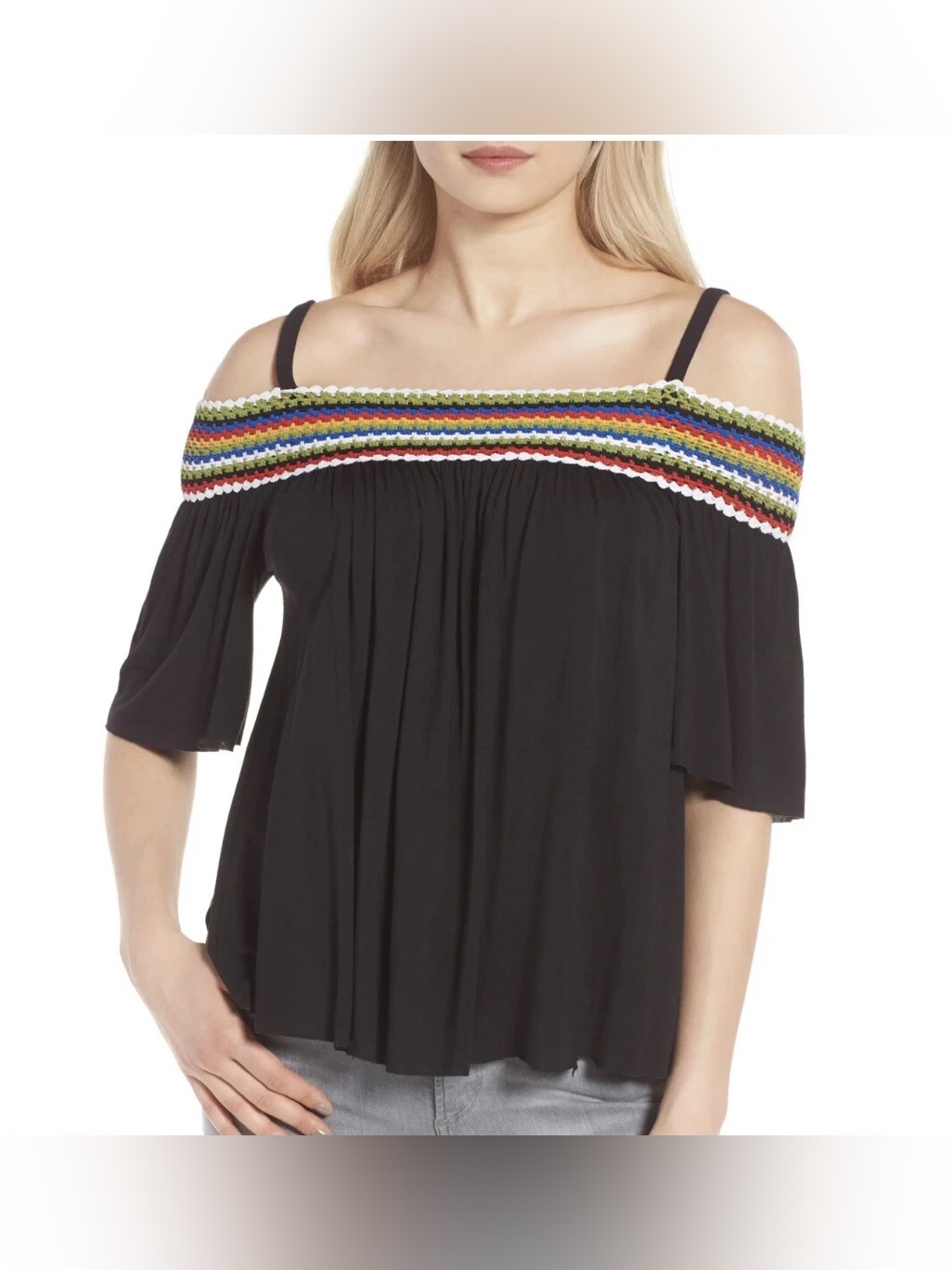 Bailey 44 Guava Off-The-Shoulder Black/Multico Crochet Pleated Boho Top -S